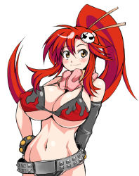Rule 34 | 00s, 1girl, asymmetrical gloves, belt, bikini, bikini top only, breasts, chopsticks, cleavage, covered erect nipples, elbow gloves, fire, gloves, hand on own hip, hip focus, huge breasts, long hair, navel, ponytail, red hair, scarf, shimanto youta, single elbow glove, single glove, skull, smile, solo, striped clothes, striped scarf, studded belt, swimsuit, tengen toppa gurren lagann, underboob, uneven gloves, very long hair, yellow eyes, yoko littner