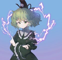 Rule 34 | 1girl, absurdres, black hat, closed mouth, dress, electricity, frilled sleeves, frills, green dress, green eyes, green hair, hat, highres, iris anemone, long sleeves, short hair, soga no tojiko, solo, tate eboshi, touhou, upper body, wide sleeves