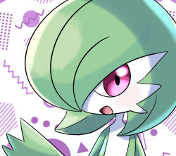 Rule 34 | 1girl, a (pixiv 72325308), blush, bob cut, colored skin, creatures (company), female focus, flat chest, game freak, gardevoir, gen 3 pokemon, green hair, green skin, hair over one eye, hand up, happy, highres, light blush, looking at viewer, multicolored skin, nintendo, one eye covered, open mouth, pink eyes, pokemon, pokemon (creature), portrait, short hair, smile, solo, two-tone skin, waving, white skin