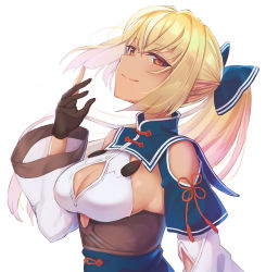 Rule 34 | 1girl, black gloves, blonde hair, bow, breasts, cleavage cutout, clothing cutout, dark-skinned female, dark skin, detached collar, detached sleeves, gloves, hair bow, hand up, head tilt, highres, hololive, kiukoma, large breasts, long hair, looking at viewer, multicolored hair, partially fingerless gloves, pointy ears, ponytail, red eyes, shiranui flare, shiranui flare (old design), shirt, shoulder cutout, sleeveless, sleeveless shirt, smile, solo, streaked hair, upper body, virtual youtuber, white background, white hair, white shirt