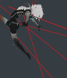 Rule 34 | 1boy, armor, bishounen, blood, blood from mouth, bloody tears, commentary, fate/apocrypha, fate (series), fingernails, gem, greaves, grey background, high heels, impaled, jewelry, karna (fate), kibadori rue, male focus, necklace, sharp fingernails, simple background, solo, spoilers, vambraces, vlad iii (fate/apocrypha), white hair, wide-eyed