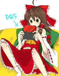 Rule 34 | 1girl, couch, female focus, hakurei reimu, handheld game console, hiwari, lowres, nintendo ds, playing games, socks, solo, touhou, video game