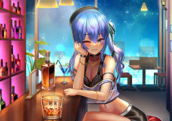 Rule 34 | 1girl, absurdres, alcohol, alternate costume, bar (place), bare shoulders, beret, black bra, black choker, black hat, black shorts, blue eyes, blue hair, blush, bra, bracelet, breasts, ceiling light, chair, choker, cocktail glass, covered collarbone, cowboy shot, crop top, cup, drinking glass, drinking straw, eyelashes, food, fruit, green ribbon, hair between eyes, hair ribbon, hand up, hat, head rest, highres, hololive, hoshimachi suisei, indoors, jagoo, jewelry, lime (fruit), lime slice, liquor, long hair, looking at viewer, midriff, navel, off shoulder, one eye closed, plant, potted plant, ribbon, see-through, short shorts, shorts, side ponytail, sitting, small breasts, smile, solo, table, thighs, underwear, variant set, virtual youtuber, window