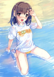 Rule 34 | 1girl, :d, abhar, absurdres, barefoot, beach, blush, brown eyes, brown hair, cameltoe, clothes writing, day, hair ornament, hairclip, highres, kneeling, misaki kurehito, one-piece swimsuit, open mouth, outdoors, partially submerged, scan, shirt, short hair, sitting, smile, solo, striped clothes, striped one-piece swimsuit, suiheisen made nan mile?, swimsuit, swimsuit under clothes, t-shirt, toranoana, tsuyazaki kokage, wariza, water, wet, wet clothes