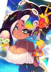 Rule 34 | 1girl, alternate costume, black hair, breasts, cephalopod eyes, cleavage, cloud, collarbone, crop top, dark-skinned female, dark skin, flower, food, green eyes, grey shorts, hair between eyes, hair flower, hair ornament, headphones, highres, ice cream, large breasts, licking lips, long hair, looking at viewer, marina (splatoon), mole, mole under mouth, nintendo, nomu (29 nom), octoling, palm tree, pink pupils, shirt, shorts, sky, smile, sparkle, splatoon (series), splatoon 2, spoon, tentacle hair, tongue, tongue out, tree, white shirt, wristband