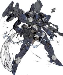 Rule 34 | armored core, armored core 6, electricity, full body, gun, handgun, highres, holding, holding gun, holding weapon, mecha, mecha focus, mechanical parts, mznomono, no humans, robot, science fiction, shoulder cannon, standing, steel haze ortus, thrusters, weapon, white background