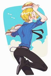 Rule 34 | 1boy, arm above head, ass, belt, bird, black necktie, black pants, blonde hair, blue sky, blush, closed eyes, cloud, collared shirt, commentary, cropped legs, curly eyebrows, food, from behind, highres, long bangs, male focus, meatball, mitsubachi koucha, necktie, one piece, open mouth, pants, pasta, plate, sanji (one piece), seagull, shirt, short hair, simple background, sky, smile, spaghetti, striped clothes
