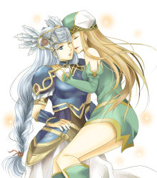 Rule 34 | aika (nikukyuu29), arm guards, armor, armored dress, blue armor, braid, breastplate, breasts, commentary request, feathers, freya (valkyrie profile), helmet, lenneth valkyrie, long hair, multiple girls, one eye closed, overskirt, shoulder pads, single braid, valkyrie, valkyrie profile (series), yuri