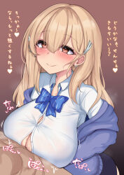 Rule 34 | 1boy, 1girl, absurdres, blonde hair, blue bow, blue bowtie, blue jacket, blush, bow, bowtie, breasts, brown eyes, cleavage, collared shirt, earrings, ebon, goddess of victory: nikke, hair ornament, heart, hetero, highres, implied paizuri, jacket, jewelry, large breasts, long hair, off-shoulder jacket, off shoulder, paizuri, partially unbuttoned, perpendicular paizuri, shirt, smile, sweat, tia (nikke), white shirt