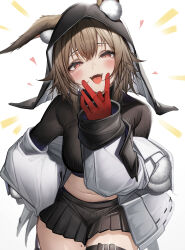 Rule 34 | 1girl, :d, absurdres, animal ear fluff, animal ears, arknights, black skirt, blush, breasts, brown hair, caper (arknights), commentary request, ears through hood, fangs, gloves, heart, highres, hood, jacket, long sleeves, looking at viewer, medium breasts, midriff, mole, mole on thigh, naughty face, navel, open mouth, red eyes, red gloves, short hair, skirt, smile, solo, tab head, teeth, thighs, tongue, upper teeth only, v over mouth, white jacket