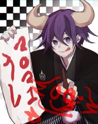 Rule 34 | 1boy, 2021, :q, bad id, bad twitter id, black background, breasts, calligraphy brush, checkered background, commentary request, danganronpa (series), danganronpa v3: killing harmony, gradient background, hair between eyes, hand up, highres, holding, holding paintbrush, horns, japanese clothes, kimono, kitsunebi v3kokonn, long sleeves, looking at viewer, male focus, medium breasts, medium hair, oma kokichi, paintbrush, purple eyes, purple hair, smile, solo, teeth, tongue, tongue out, upper body, white background