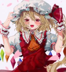 Rule 34 | 1girl, ascot, blonde hair, blurry, blush, crystal, fangs, flandre scarlet, frills, grey background, hair between eyes, hat, hat ribbon, highres, long hair, mob cap, open mouth, orange ascot, petals, ponytail, puffy short sleeves, puffy sleeves, red eyes, red vest, ribbon, shirt, short sleeves, side ponytail, solo, touhou, upper body, vest, wabun, white hat, white shirt, wings