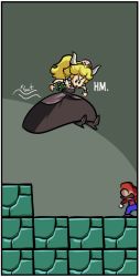 Rule 34 | 1boy, 1girl, black dress, blonde hair, bowsette, brick, dress, english text, floating, hat, high heels, horns, ian samson, long hair, mario, mario (series), new super mario bros. u deluxe, nintendo, overalls, ponytail, red hat, spiked shell, super crown, super mario bros. 3