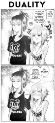 Rule 34 | 2girls, absurdres, band shirt, blush, breasts, cleavage, clothes writing, commentary, couple, ear protection, english commentary, english text, expressionless, greyscale, grs-, head steam, heart, heart-shaped pupils, highres, merchandise, mirrored text, monochrome, multiple girls, muse (band), original, ponytail, radiohead (band), right-to-left comic, shirt, short hair, sharon (grs-), speech bubble, steaming body, symbol-shaped pupils, t-shirt, talia (grs-), teeth, upper teeth only, upside-down text, yuri