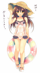 Rule 34 | 1girl, bell, blush, feet, hair bell, hair ornament, hat, innertube, long hair, looking at viewer, one-piece swimsuit, original, ribbon, saichuu, sandals, simple background, solo, straw hat, swim ring, swimsuit, translation request, white background