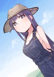 Rule 34 | 1girl, absurdres, areola slip, arms behind back, bare shoulders, blue overalls, blue sky, blunt bangs, blush, breasts, bright pupils, brown hat, cleavage, closed mouth, cloud, collarbone, cowboy shot, day, dutch angle, goe (g-o-e), hat, highres, long hair, looking at viewer, medium breasts, naked overalls, no bra, outdoors, overalls, purple eyes, purple hair, shoujo kageki revue starlight, sideboob, sidelocks, sky, solo, standing, tsuyuzaki mahiru, two side up, very long hair, white pupils