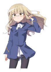Rule 34 | 1girl, ascot, black pantyhose, blunt bangs, breasts, brown eyes, closed mouth, cropped legs, glasses, hand in own hair, highres, kyuuri (miyako), light brown hair, long hair, long sleeves, military, military uniform, panties, panties under pantyhose, pantyhose, perrine h. clostermann, simple background, sketch, small breasts, solo, strike witches, underwear, uniform, white ascot, white background, world witches series