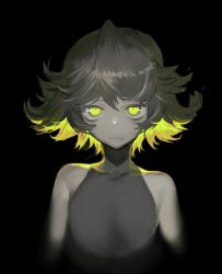 Rule 34 | 1girl, absurdres, amrkdrw, bare shoulders, black background, closed mouth, covered collarbone, flipped hair, frown, green eyes, hair between eyes, highres, looking at viewer, original, short hair, simple background, sleeveless, solo, turtleneck, upper body