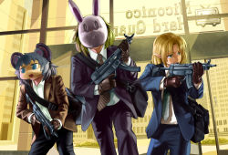 Rule 34 | 3girls, :&gt;, alice margatroid, alternate costume, animal ears, black bag, black pants, blazer, blonde hair, blue eyes, blue jacket, blue pants, brown gloves, brown jacket, brown neckwear, city, closed mouth, collared shirt, commentary request, cookie (touhou), cowboy shot, door, eyes visible through hair, fake nyon (cookie), glass, gloves, grand theft auto, grand theft auto: san andreas, green eyes, green neckwear, grey hair, gun, h&amp;k mp5, highres, holding, holding gun, holding weapon, ichigo (cookie), jacket, joker (cookie), long sleeves, looking to the side, mask, megafaiarou (talonflame 810), mizuhashi parsee, mouse ears, multiple girls, nazrin, necktie, niconico, nyon (cookie), pants, payday (series), payday 2, pointy ears, rabbit mask, robbery, shirt, shirt tucked in, short hair, standing, striped neckwear, submachine gun, terebi-chan, touhou, weapon, white shirt