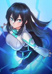 Rule 34 | 1girl, black hair, blue background, bodysuit, floating, from above, green eyes, gundam, gundam build divers, gundam build divers re:rise, highres, kilye kairi, long hair, looking up, may (gundam build divers re:rise), open hands, outstretched arms, shrug (clothing), skin tight, solo