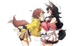 Rule 34 | 2girls, animal ear fluff, animal ears, black hair, blush, breasts, brown eyes, brown hair, closed eyes, dog ears, dog tail, extra ears, hair ornament, heart, highres, hololive, inugami korone, jacket, kito koruta, leaning forward, long hair, looking at another, medium breasts, multicolored hair, multiple girls, off shoulder, ookami mio, open clothes, open jacket, open mouth, red hair, sidelocks, simple background, skirt, snoot challenge, standing, streaked hair, tail, tail wagging, very long hair, virtual youtuber, white background, white skirt, wolf ears, x hair ornament, yellow jacket