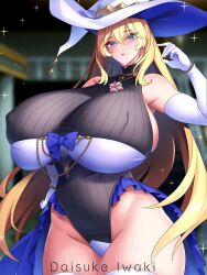 Rule 34 | 1girl, artist name, blonde hair, blue eyes, blurry, blurry background, breasts, cowboy shot, curvy, elbow gloves, female focus, gigantic breasts, gloves, hat, kisuke i, leotard, long hair, looking at viewer, shiny skin, skin tight, solo, standing, thick thighs, thighhighs, thighs, white gloves, wide hips, witch hat