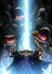 Rule 34 | 1boy, absurdres, ainz ooal gown, black dress, cthulhu mythos, dress, highres, holding, hooded, key visual, long dress, male focus, monster, official art, outstretched arms, overlord (maruyama), promotional art, skull, solo, standing