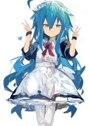 Rule 34 | 1girl, :3, absurdres, ahoge, blue eyes, blue hair, closed mouth, double v, hair between eyes, heart, highres, izumi konata, kaamin (mariarose753), long hair, long sleeves, lucky star, maid, maid headdress, simple background, smile, solo, standing, v, white background, wristband