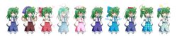 Rule 34 | 1girl, alternate hair color, aqua hair, aquarion (series), blush, bow, circle, cirno, cirno (cosplay), cosplay, crescent, detached sleeves, expressive clothes, flower, frog hair ornament, full body, green hair, hair bow, hair flower, hair ornament, hakurei reimu, hakurei reimu (cosplay), hata no kokoro, hata no kokoro (cosplay), head scarf, highres, hitodama, izayoi sakuya, izayoi sakuya (cosplay), kochiya sanae, long hair, long image, maid headdress, mask, multicolored hair, musical note, mystia lorelei, mystia lorelei (cosplay), no shirt, okamisty, open mouth, osashin (osada), patchouli knowledge, patchouli knowledge (cosplay), plaid, plaid skirt, ponytail, sarashi, sidelocks, skirt, sleeves past wrists, smile, snake hair ornament, star (symbol), tongue, tongue out, touhou, transparent background, triangle, veil, white hair, wide image, wings, yellow eyes, yukkuri shiteitte ne