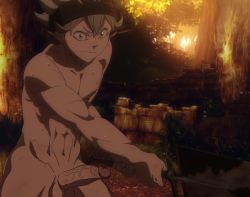 Rule 34 | 1boy, abs, asta (black clover), black clover, erection, forest, green eyes, green hair, headband, male focus, nature, nude, outdoors, penis, solo, sweat, tree, weapon
