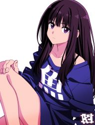 Rule 34 | 1girl, black hair, blue shirt, bra strap, collarbone, commentary request, hand on own knee, highres, inoue takina, long hair, looking at viewer, lycoris recoil, oversized clothes, oversized shirt, purple eyes, shirt, sitting, solo, white background, yamayoshi