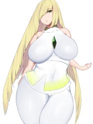 Rule 34 | 1girl, bare shoulders, blonde hair, breasts, creatures (company), erimiko, game freak, green eyes, highres, large breasts, long hair, lusamine (pokemon), nintendo, pokemon, pokemon sm, sleeveless, solo, thick thighs, thighs