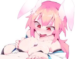 Rule 34 | 1boy, 1girl, animal ears, blush, breasts, rabbit ears, cleavage, collarbone, cum, cum on body, cum on breasts, cum on upper body, detached sleeves, ejaculation, frfr, heart, heart-shaped pupils, hetero, highres, japanese clothes, long hair, looking down, open mouth, original, paizuri, penis, pink hair, rabbit girl, red eyes, simple background, solo focus, sweat, symbol-shaped pupils, thick eyebrows, tongue, white background