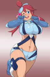 Rule 34 | 1girl, blue eyes, blush, breasts, clothes, clothes grab, creatures (company), female focus, game freak, gloves, grabbing, gradient background, heart, highres, huge breasts, long hair, looking at viewer, nintendo, one eye closed, open mouth, pokemon, pokemon bw, ponytail, red hair, skyla (pokemon), smile, solo, ukaya masaru (artist)