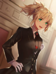 Rule 34 | 1girl, :d, black jacket, black necktie, blonde hair, blurry, blurry background, braid, brooch, dutch angle, fate/apocrypha, fate (series), flower, formal, french braid, gem, gloves, green eyes, hand on own hip, indoors, jacket, jewelry, long sleeves, looking at viewer, mordred (fate), mordred (fate/apocrypha), mordred (formal dress) (fate), necktie, open mouth, parted bangs, ponytail, rose, short hair, smile, solo, suit, v-shaped eyebrows, white flower, white gloves, white rose, yuzuki kaoru