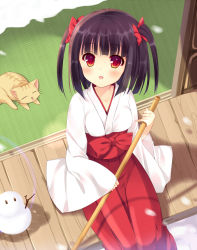 Rule 34 | 1girl, bekotarou, black hair, bow, cat, collarbone, eyebrows, from above, hair bow, hair ribbon, hakama, hakama skirt, japanese clothes, looking up, miko, original, red bow, red eyes, red hakama, red ribbon, ribbon, short hair, sitting, skirt, solo, two side up, wooden floor