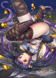 Rule 34 | 1girl, bare hips, breasts, doyouwantto, gradient background, headgear, large breasts, long hair, original, purple hair, red eyes, solo, thighhighs, twintails, underboob, upside-down, whistle
