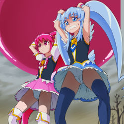 Rule 34 | 10s, 2girls, aino megumi, armpits, arms up, bad id, bad pixiv id, blue eyes, blue hair, blue thighhighs, bow, brooch, cure lovely, cure princess, happinesscharge precure!, heart, heart brooch, highres, long hair, magical girl, md5 mismatch, mont blanc (heartcatch ayaya), multiple girls, panties, pink bow, pink eyes, pink hair, ponytail, precure, shirayuki hime, skirt, thighhighs, underwear, white panties