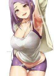 Rule 34 | armpits, beige cardigan, bra, bra visible through clothes, breasts, brown eyes, cardigan, cleavage, collarbone, curvy, kirinkirin, large breasts, long hair, mature female, midriff, mole, mole under eye, mole under mouth, open mouth, original, outstretched arm, purple bra, purple hair, purple shorts, see-through, shorts, solo, steam, tank top, thigh gap, thighs, underwear, white background, white tank top