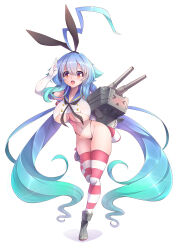 Rule 34 | 1girl, absurdres, ahoge, aqua hair, ass, blue hair, blush, boots, breasts, cannon, cosplay, detached sleeves, dress, fake wings, full body, gradient eyes, gradient hair, highres, jojo (qiu bowen), kantai collection, large breasts, long hair, multicolored eyes, multicolored hair, navel, one leg raised, open mouth, orange eyes, original, panties, red eyes, sad, sailor dress, salute, shimakaze (kancolle), shimakaze (kancolle) (cosplay), shoes, tears, thighhighs, thighs, underboob, underwear, very long hair, white background, wings