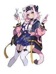 Rule 34 | 1girl, animal ears, arknights, black bow, black collar, black hairband, blue bow, blue jacket, blue skirt, blush, bow, braid, cat ears, cat girl, cat tail, clothes writing, collar, cropped legs, feet out of frame, floppy ears, flying sweatdrops, garter straps, goldenglow (arknights), hair bow, hairband, hands up, highres, holding, holding scissors, jacket, lightning bolt print, long hair, long sleeves, looking at viewer, multicolored clothes, multicolored jacket, open clothes, open jacket, pink hair, pink jacket, print bow, print hairband, scissors, shirt, simple background, skirt, smile, solo, tail, thighhighs, two-tone jacket, vegetable noda, white background, white shirt, white thighhighs, yellow eyes