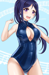 Rule 34 | 10s, 1girl, beamed quavers, blue hair, blue one-piece swimsuit, blush, breasts, character name, cleavage, cleavage cutout, clothing cutout, cowboy shot, front zipper swimsuit, highres, large breasts, long hair, looking at viewer, love live!, love live! school idol festival, love live! sunshine!!, matsuura kanan, md5 mismatch, meme attire, minase (takaoka nanase), musical note, one-piece swimsuit, open mouth, ponytail, purple eyes, quaver, shiny clothes, smile, solo, swimsuit, teeth, upper teeth only