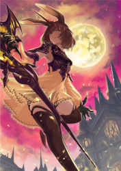 Rule 34 | 1girl, animal ears, black gloves, black thighhighs, breasts, brown hair, building, detached sleeves, full moon, gloves, highres, holding, holding staff, horns, moon, moon al-mi&#039;raj, night, night sky, pink sky, rabbit ears, shadowverse, short hair, shzsntma, single horn, sky, small breasts, solo, staff, standing, standing on one leg, thighhighs