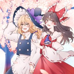 Rule 34 | 2girls, :d, ascot, black hair, black headwear, blonde hair, blue ascot, bow, braid, brown eyes, brown hair, cherry blossoms, detached sleeves, hair bow, hair tubes, hakurei reimu, hand on headwear, hat, hat bow, hitte5416, holding hands, kirisame marisa, long hair, long sleeves, looking at viewer, multiple girls, open mouth, outdoors, purple bow, red bow, red vest, ribbon-trimmed sleeves, ribbon trim, side braid, sidelocks, smile, standing, touhou, vest, wide sleeves, witch hat, yellow eyes