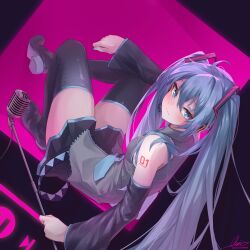Rule 34 | 1girl, absurdres, ahoge, black footwear, black skirt, black sleeves, blue eyes, blue hair, blue nails, blue necktie, boots, closed mouth, detached sleeves, from behind, full body, grey shirt, hair between eyes, hair ornament, hatsune miku, headset, highres, holding, long hair, long sleeves, looking at viewer, microphone, miniskirt, nail polish, necktie, pleated skirt, rei (9086), shirt, skirt, sleeveless, sleeveless shirt, smile, solo, thigh boots, thighhighs, very long hair, vocaloid, zettai ryouiki