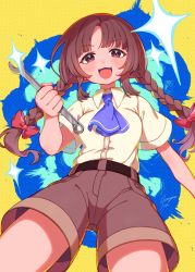 Rule 34 | 1girl, absurdres, blush, braid, brown eyes, brown hair, brown shorts, collared shirt, e sdss, highres, holding, holding wrench, long hair, open mouth, rika (touhou), shirt, shorts, smile, solo, teeth, touhou, twin braids, upper teeth only, white shirt, wrench