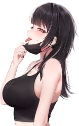 Rule 34 | 1girl, absurdres, barbell piercing, black hair, black nails, black tank top, breasts, crop top, from side, half-closed eyes, highres, hololive, hololive english, large breasts, long hair, looking at viewer, mask, mask pull, multicolored hair, multiple piercings, piercing, prab, shiori novella, sideways glance, simple background, solo, split-color hair, tank top, tongue, tongue out, tongue piercing, upper body, virtual youtuber, white background, white hair, yellow eyes