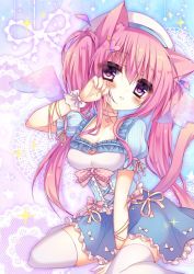 Rule 34 | 1girl, animal ears, arm ribbon, arm support, arrow through heart, bad id, bad twitter id, between legs, blue dress, blush, bow, breasts, cat ears, cat girl, cat tail, collar, collarbone, commentary request, corset, cross-laced clothes, detached wings, dress, eyes visible through hair, frill trim, frilled dress, frills, hair between eyes, hair ornament, hat, head tilt, head wings, heart, heart collar, heart hair ornament, honoka chiffon, lolita fashion, looking at viewer, medium breasts, mini wings, original, parted lips, pastel colors, pink bow, pink collar, pink eyes, pink hair, pink ribbon, puffy short sleeves, puffy sleeves, ribbon, ribbon-trimmed skirt, ribbon trim, short sleeves, sidelocks, sitting, solo, sweet lolita, tail, thighhighs, tied sleeves, twintails, unmoving pattern, wariza, white hat, white thighhighs, wings