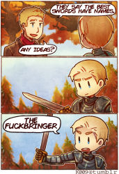 Rule 34 | 1boy, 1girl, 3koma, a song of ice and fire, armor, brienne of tarth, comic, english text, game of thrones, gloves, jaime lannister, kataro, profanity, reverse trap, sword, weapon