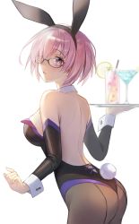 Rule 34 | 1girl, animal ears, ass, back, bare shoulders, black leotard, blush, breasts, brown pantyhose, cup, detached collar, drinking glass, fake animal ears, fate/grand order, fate (series), glasses, hair over one eye, highleg, highleg leotard, highres, large breasts, leotard, light purple hair, looking at viewer, looking back, mash kyrielight, moguta (moguta9), open mouth, pantyhose, playboy bunny, purple eyes, rabbit ears, rabbit tail, short hair, simple background, solo, tail, thighs, tray, white background, wrist cuffs